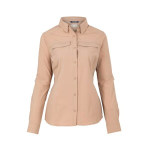 Blusa manga larga mujer Abelia con tejido stretch, protección UV y detalles reflectivos. Color taupe.