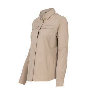 Blusa manga larga mujer Abelia con tejido stretch, protección UV y detalles reflectivos. Color taupe.