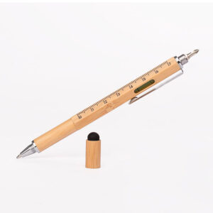 Bolígrafo multifunción MINDO de bambú con regla, nivel de burbuja y destornillador.