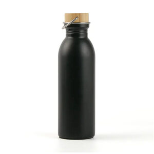 Botella metálica NEO con tapa de bambú y manija de agarre para actividades deportivas. Negra