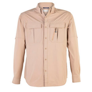 Camisa manga larga hombre ABELIA con tejido stretch, protección UV y detalles reflectivos. Color taupe.