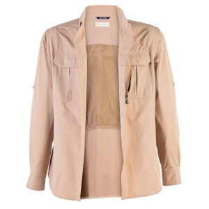 Camisa manga larga hombre ABELIA con tejido stretch, protección UV y detalles reflectivos. Color taupe.