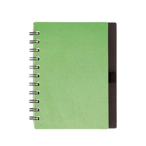 Cuaderno BARÚ compacto de fibra de trigo con espiral lateral y bolígrafo ecológico incluido. Verde.