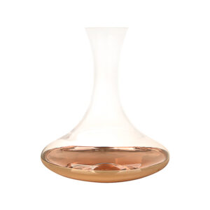 Decantador de vino encobrizado de vidrio con base metálica y presentación en caja de lujo.