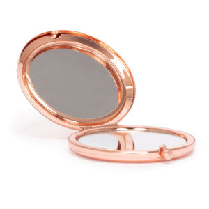 Espejo metálico doble BARDOT color rosa con aumento. fabricado en acero inoxidable, diseño compacto, circular y elegante.