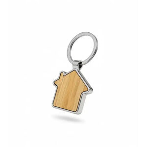 Llavero metálico House con silueta de casa y detalle de bambú, ideal para regalos corporativos inmobiliarios.
