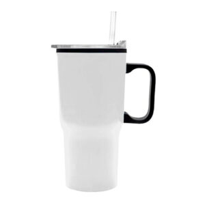 Mug térmico de acero inoxidable de 650 ml con acabado mate, tapa antiderrame y bombilla para regalo corporativo. Blanco