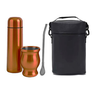 Set de mate color cobre galvanizado con termo de acero inoxidable, mate, bombilla y bolso transportable.