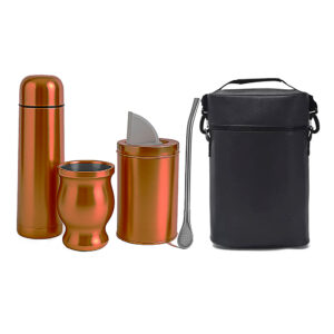 Set de mate color cobre galvanizado con lata, termo, mate, bombilla y bolso transportable.