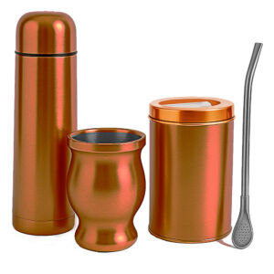 Set de mate color cobre galvanizado con lata, termo, mate, bombilla y bolso transportable.