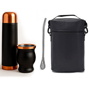 Set de mate negro y cobre con termo de acero inoxidable, mate, bombilla y bolso transportable.
