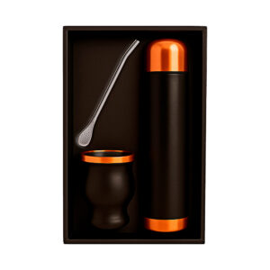 Set de mate negro y cobre con termo de acero inoxidable, mate, bombilla y bolso transportable.