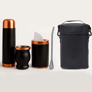 Set de mate negro y cobre con lata, termo de acero inoxidable, mate, bombilla y bolso transportable.