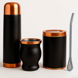 Set de mate negro y cobre con lata, termo de acero inoxidable, mate, bombilla y bolso transportable.