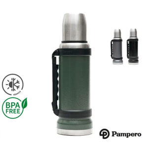 Termo IGUAZÚ pampero de acero inoxidable 1,1 litros con doble pared aislante y tapa taza, ideal para uso corporativo.