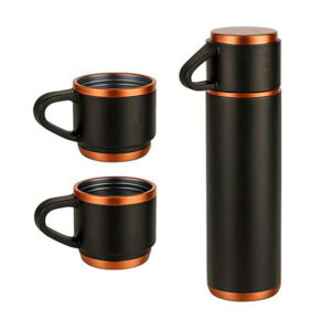 Termo de acero inoxidable negro de 500 ml con sistema de tazas y bolso transportable para regalo corporativo.