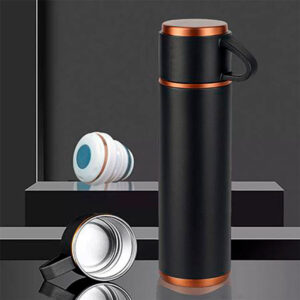 Termo de acero inoxidable negro de 500 ml con sistema de tazas y bolso transportable para regalo corporativo.