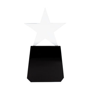 Trofeo galvano BIONDI de cristal con base negra y estrella para reconocimiento corporativo. Vista frontal