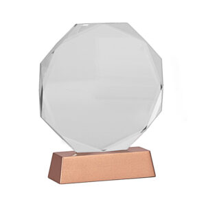 Trofeo galvano de cristal modelo RUNE con base encobrizada para reconocimiento corporativo.