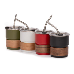 Vaso térmico CAMP de 300 ml con bombilla de acero inoxidable y grip de madera.