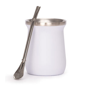 Vaso térmico metálico tipo mate de 300 ml con doble pared aislante y bombilla de acero inoxidable. Blanco