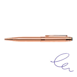 Bolígrafo metálico encobrizado con acabado brillante y escritura azul.