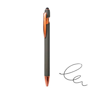 Bolígrafo metálico engomado gris con detalles cobre y tinta negra.