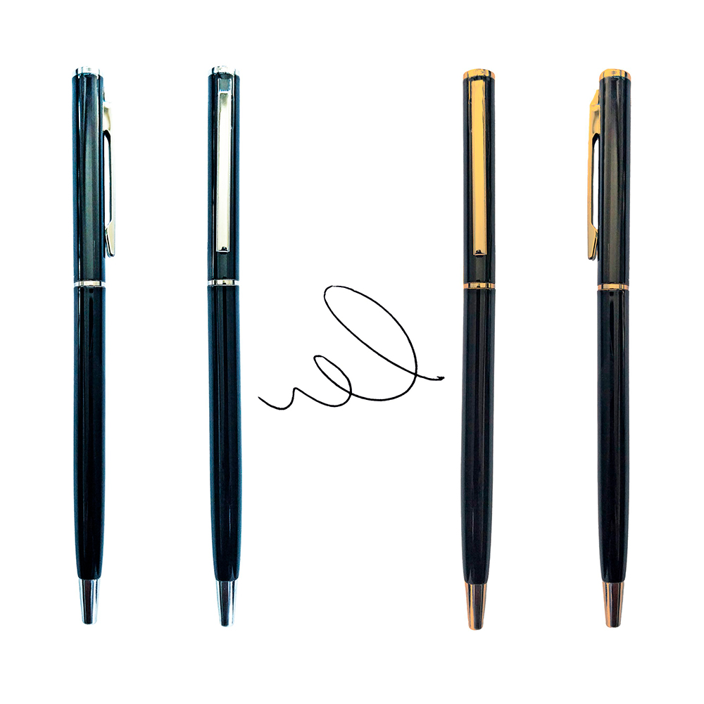 Bolígrafo metálico negro con detalles plateados o dorados y apertura giratoria.