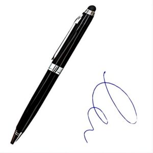 Bolígrafo metálico touch-screen con escritura en tinta azul.