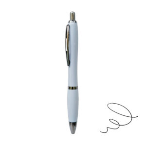 Bolígrafo plástico blanco con escritura en tinta negra.