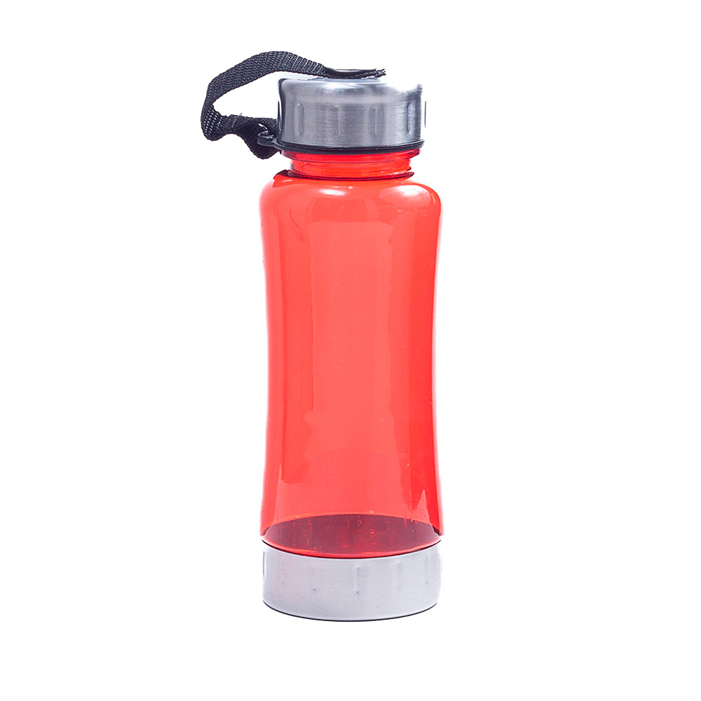 Botellas deportiva plástica traslúcida con tapa y base de acero inoxidable. Color rojo.