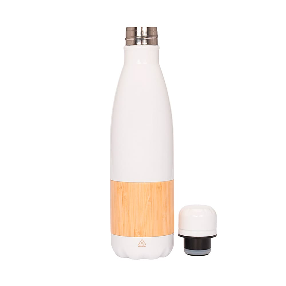 Botella ESTOCOLMO de acero inoxidable y bambú 500 ml, color blanco.