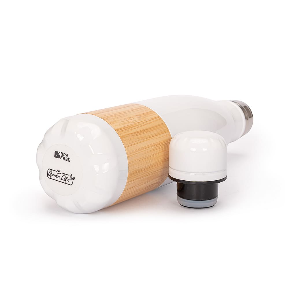 Botella ESTOCOLMO de acero inoxidable y bambú 500 ml, color blanco.