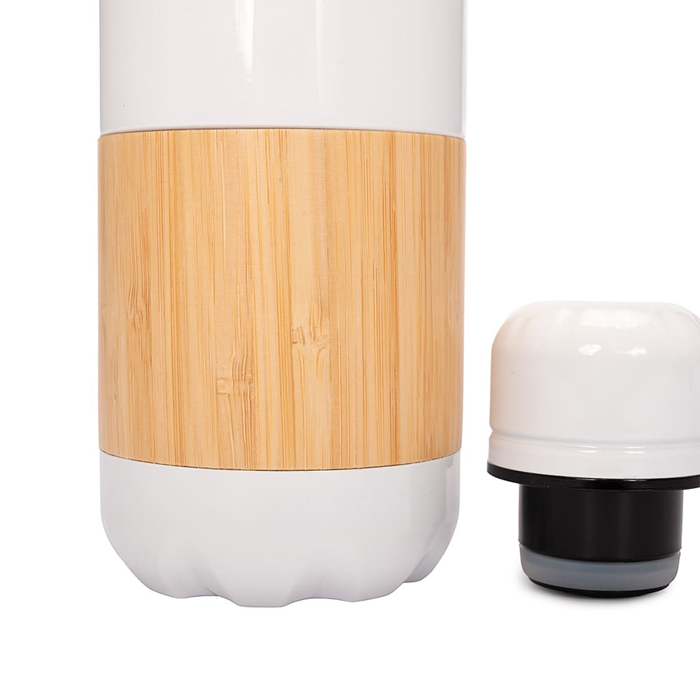 Base de la botella ESTOCOLMO de acero inoxidable y bambú 500 ml, color blanco.