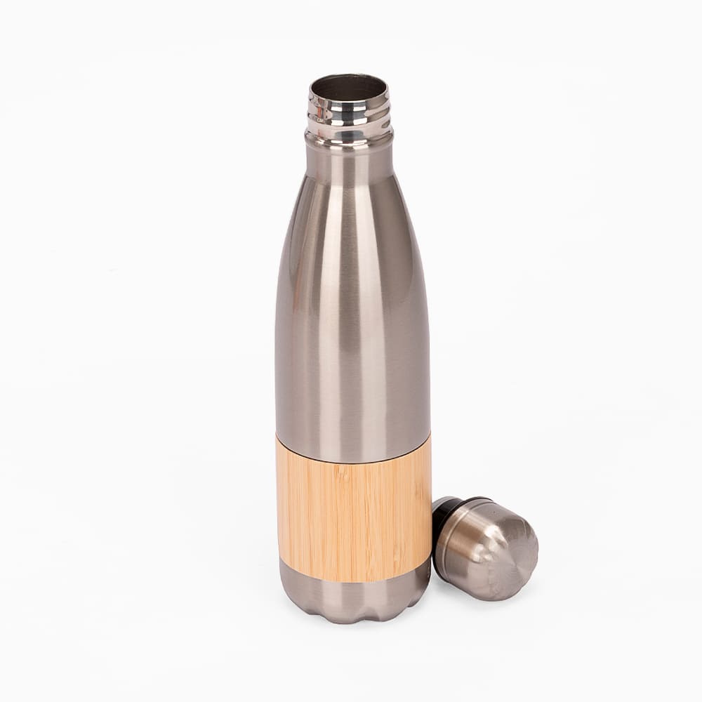 Botella ESTOCOLMO de acero inoxidable y bambú 500 ml, color plateado.