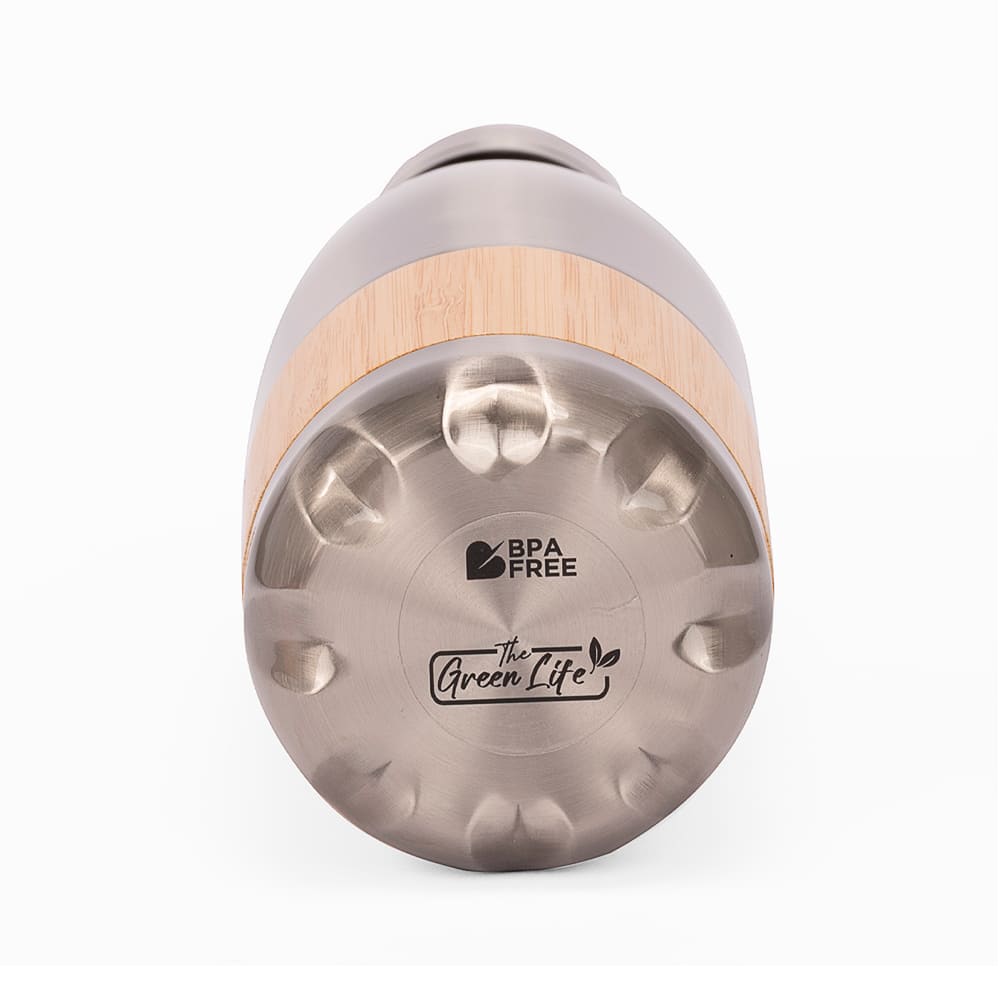 Botella ESTOCOLMO de acero inoxidable y bambú 500 ml, color plateado.