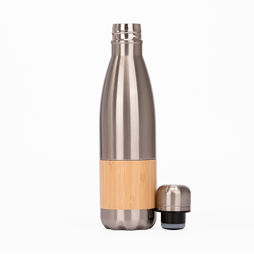 Botella ESTOCOLMO de acero inoxidable y bambú 500 ml, color plateado.