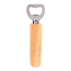 Destapador de acero inoxidable con mango de madera.