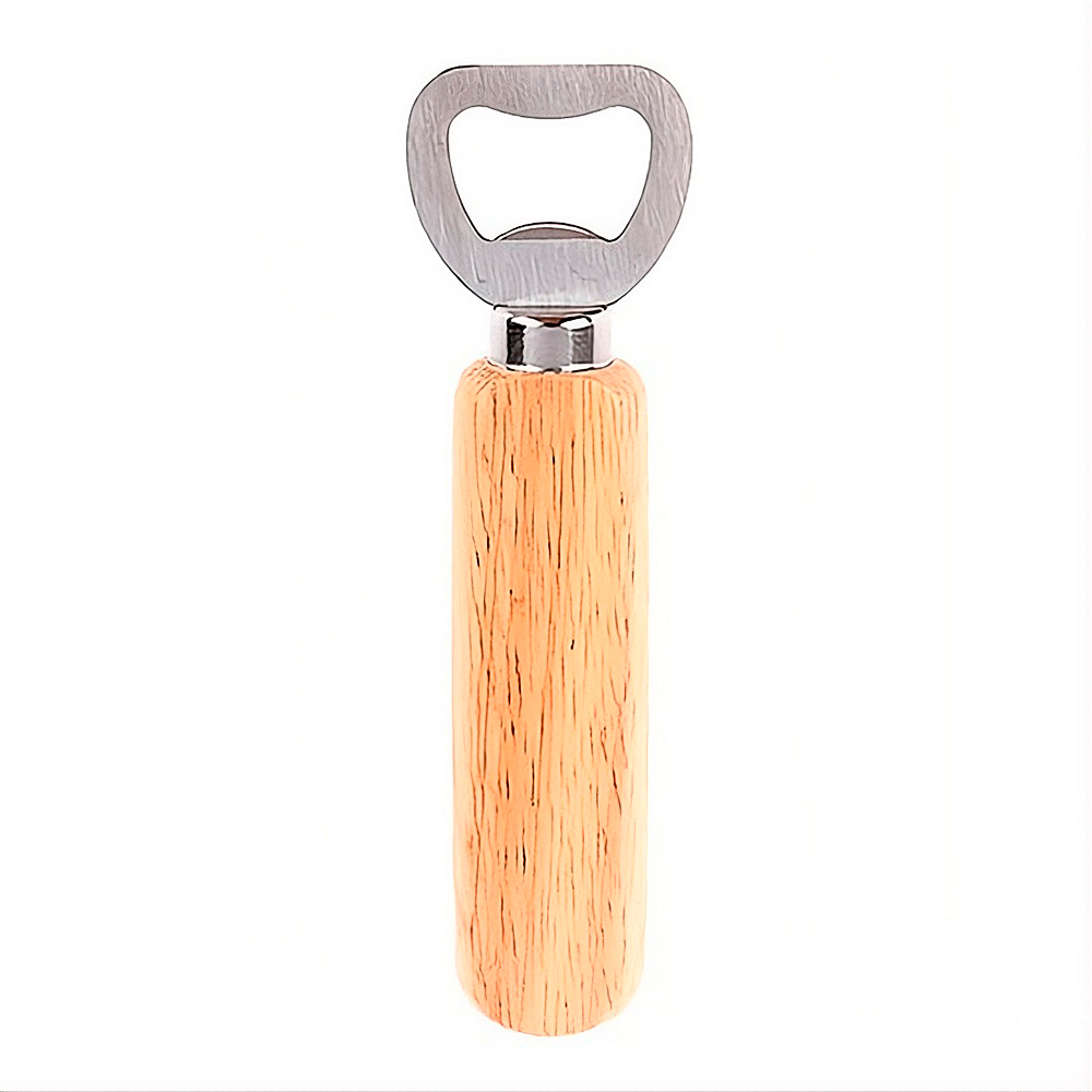 Destapador de acero inoxidable con mango de madera.