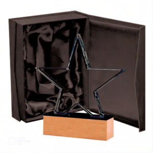 Galvano de cristal con base de madera para reconocimiento empresarial.