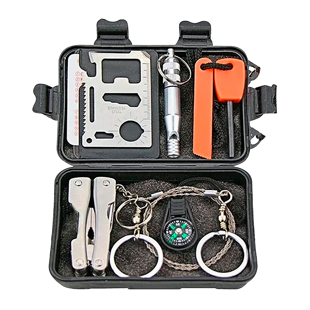 Kit de supervivencia impermeable con multiherramientas y accesorios de emergencia.