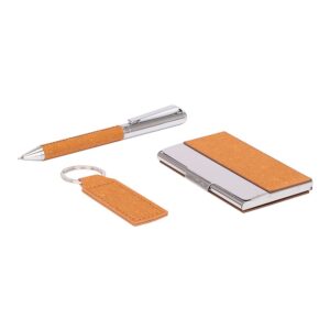 Set TORAJA de cuero reciclado con bolígrafo, llavero y porta tarjetas.