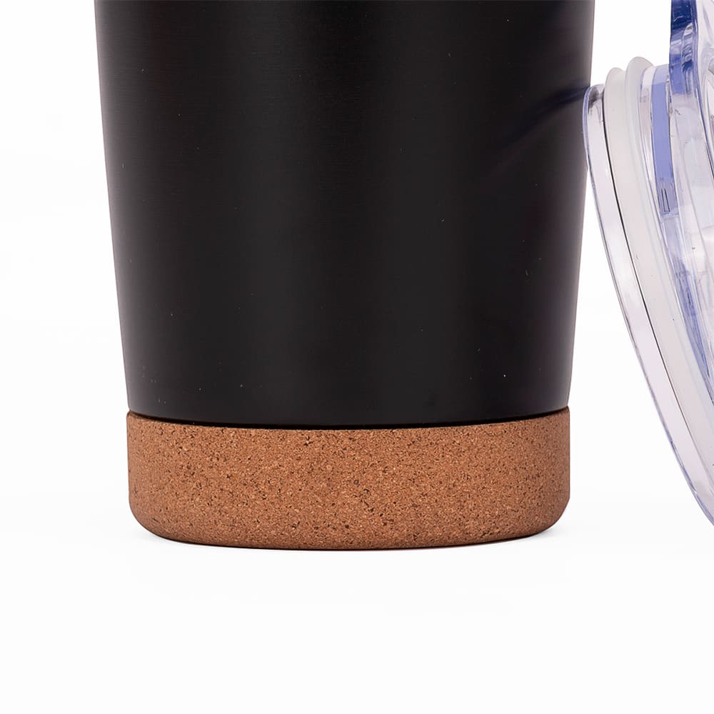Base del vaso térmico LUGANO de acero inoxidable con base de corcho 500 ml negro.