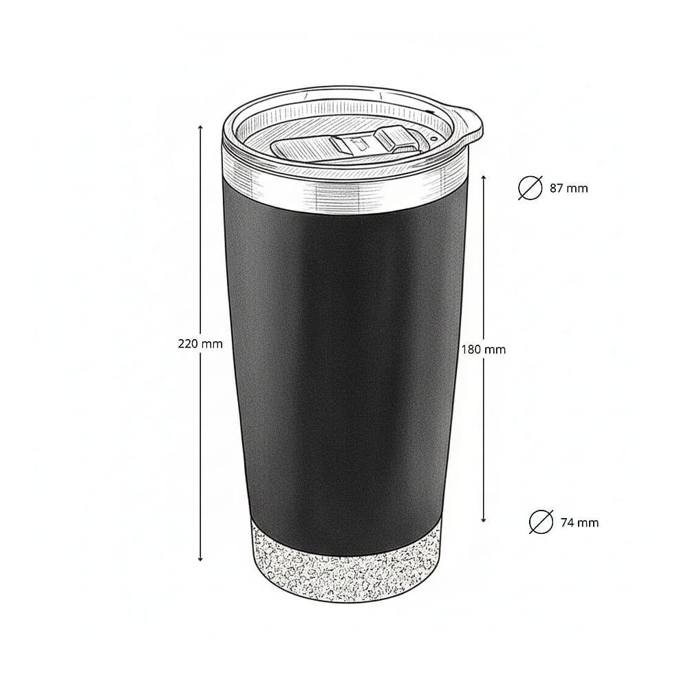 Medidas del vaso térmico LUGANO de acero inoxidable con base de corcho 500 ml negro.