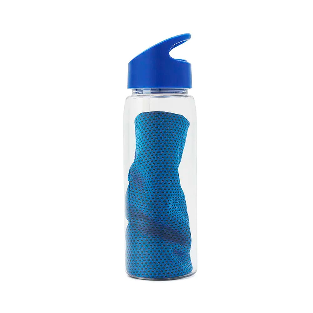 Botella NEREUS de 800 ml con sorbete y toalla deportiva. Color azul.