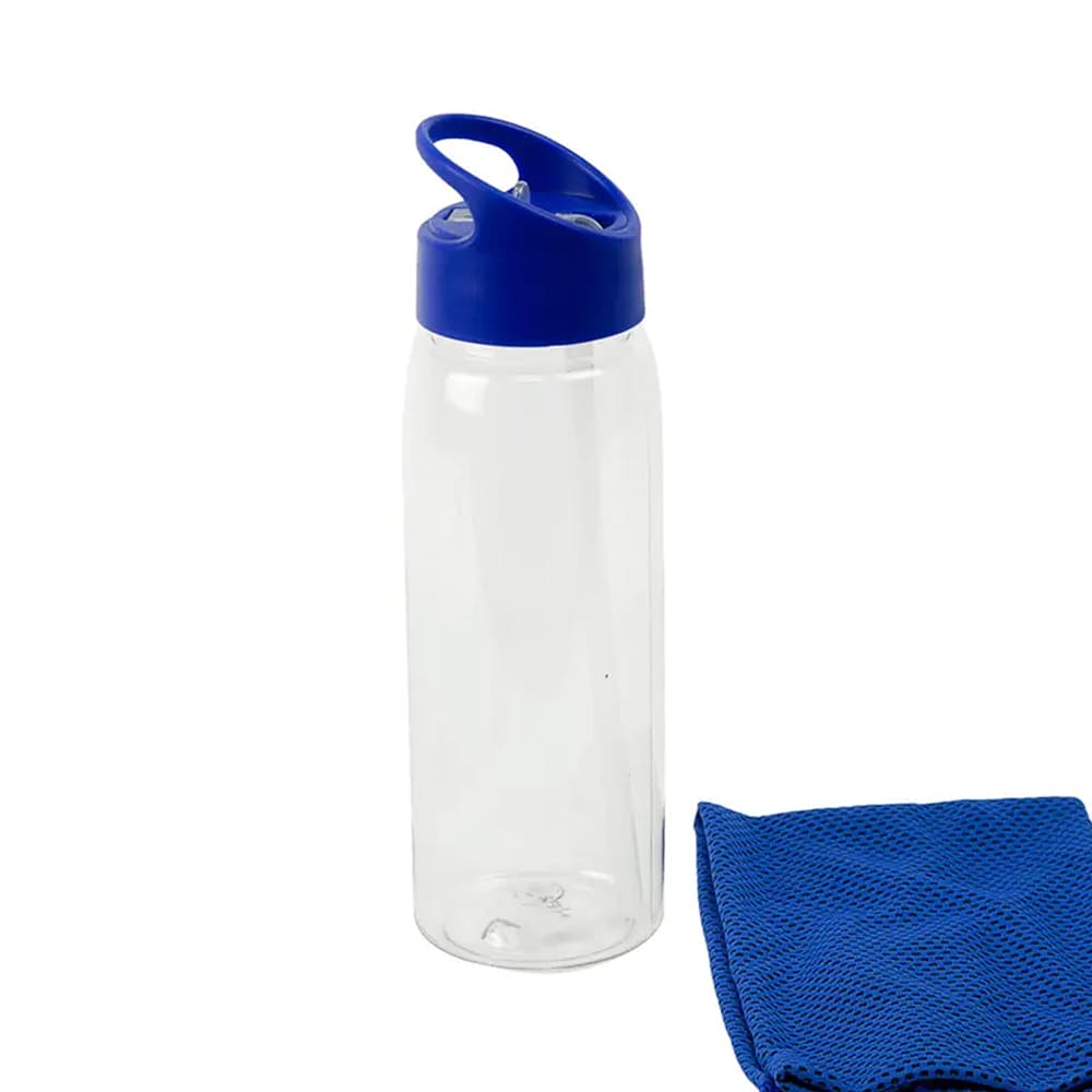 Botella NEREUS de 800 ml con sorbete y toalla deportiva. Color azul.