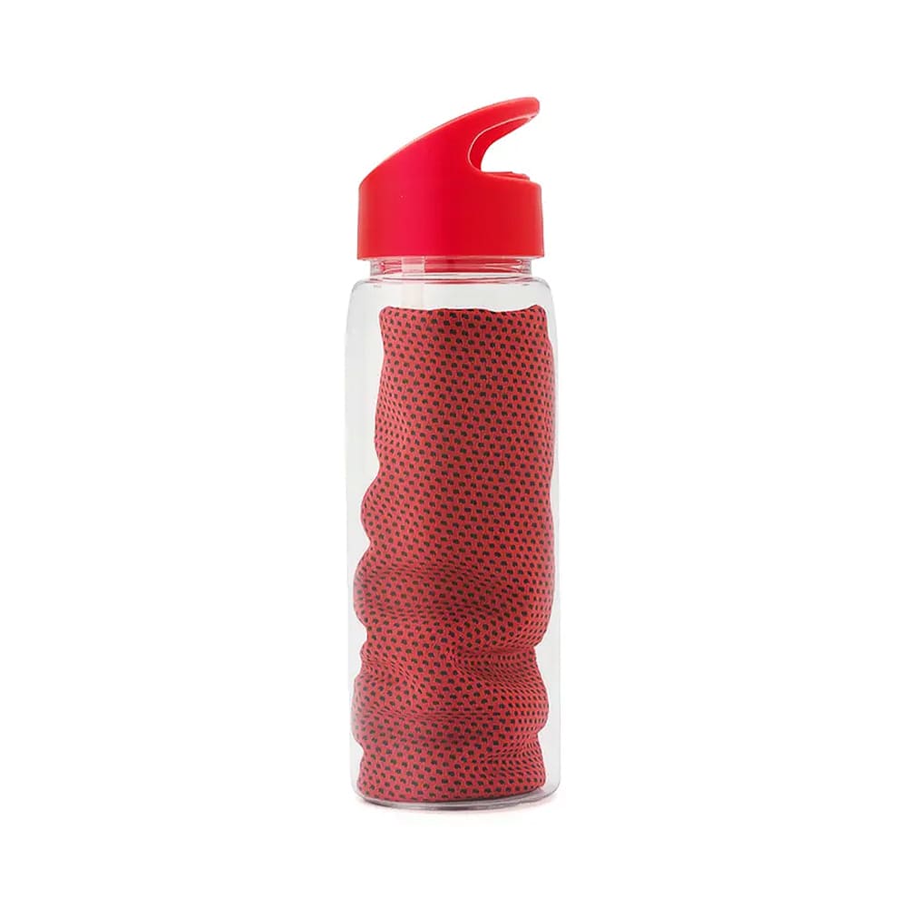 Botella NEREUS de 800 ml con sorbete y toalla deportiva. Color rojo.