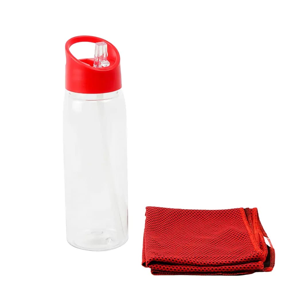 Botella NEREUS de 800 ml con sorbete y toalla deportiva. Color rojo.