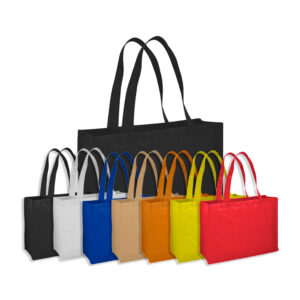 Bolsa reutilizable TNT ecológica con asas termo selladas en varios colores.