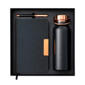 Set de regalo corporativo premium con botella libreta y bolígrafo en estuche elegante.